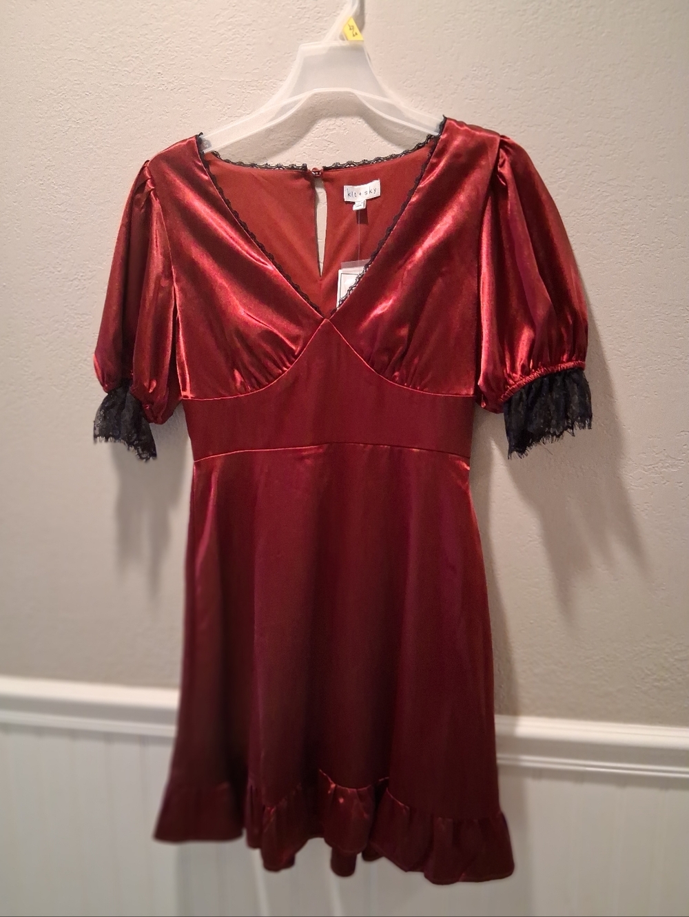 Red Satin Puff-Sleeve Mini Dress with Lace Trim